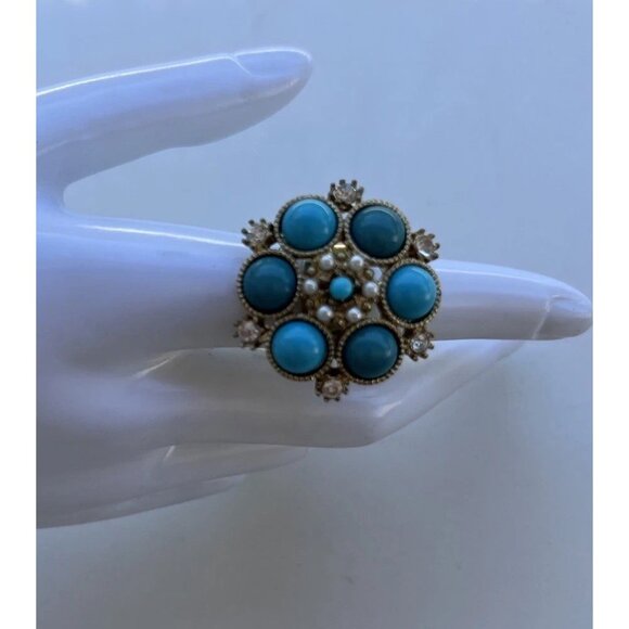 Vintage Size 6.5 Silver Oval Turquoise Pearl White Stone Faux Ring Western Style - Picture 8 of 11
